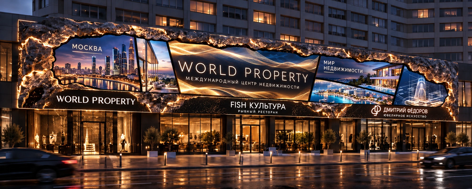Медиафасад WORLD PROPERTY: отдельные экраны и русское и английское оформление